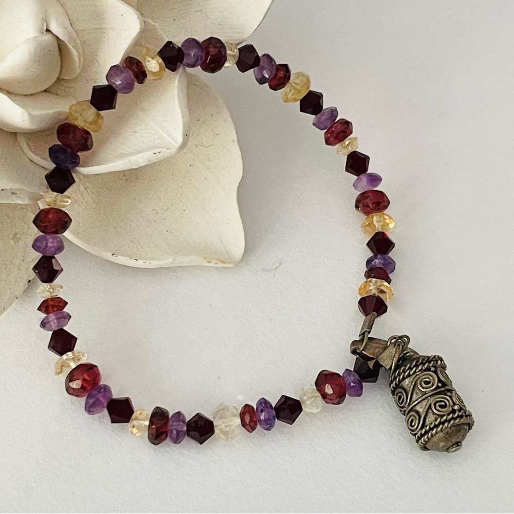 Handmade SemiPrecious Stone and Sterling Bracelet. Sterling Indian charm.